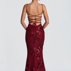 Backless Burgundy Floral Appliqué Evening Gown